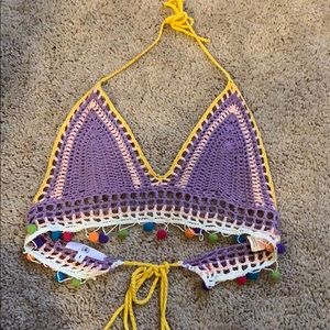 Missguided woven bra top with pom pom detail